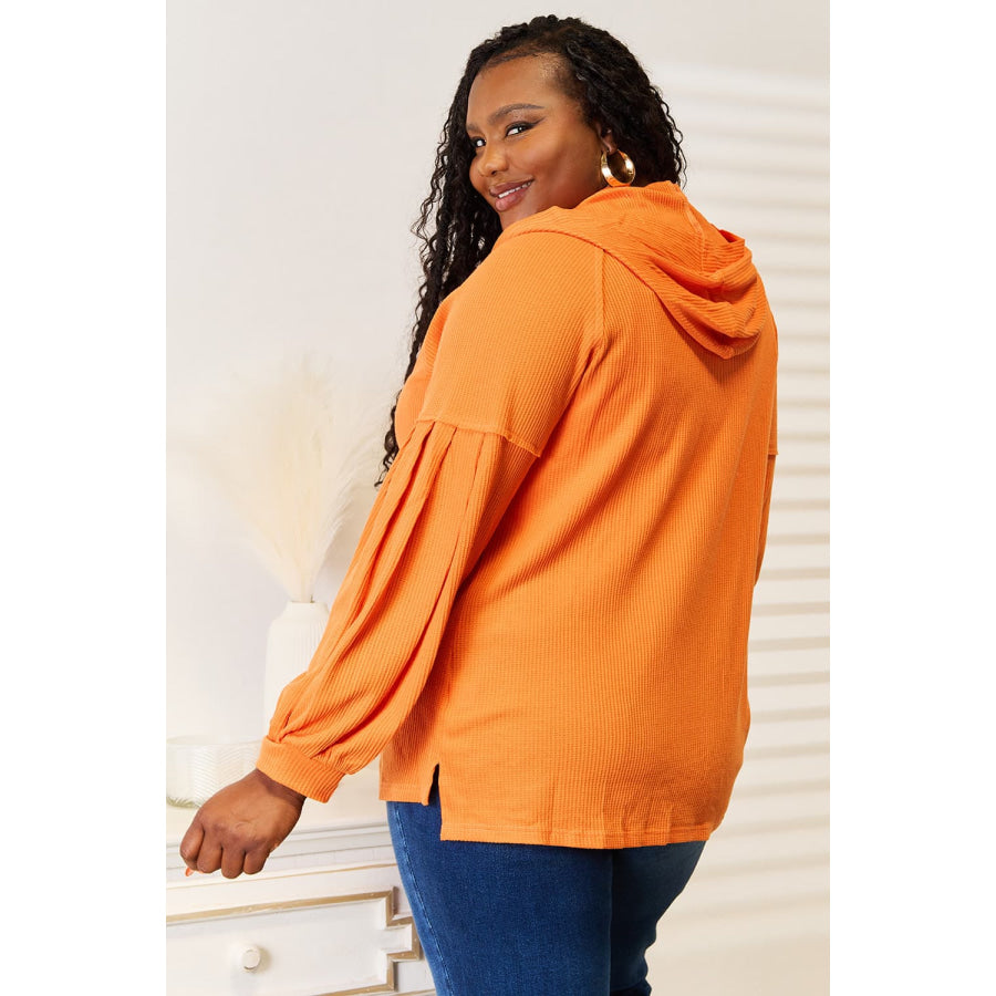 Basic Bae Side Slit Buttoned Waffle Knit Hoodie Orange / S Apparel and Accessories