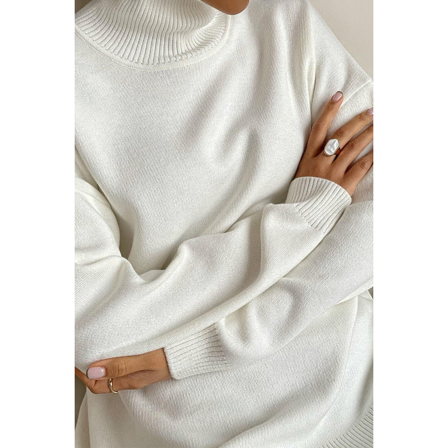 Basic Bae Side Slit Turtleneck Dropped Shoulder Sweater Apparel and Accessories