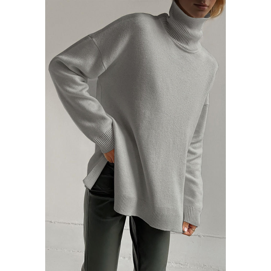 Basic Bae Side Slit Turtleneck Dropped Shoulder Sweater Apparel and Accessories