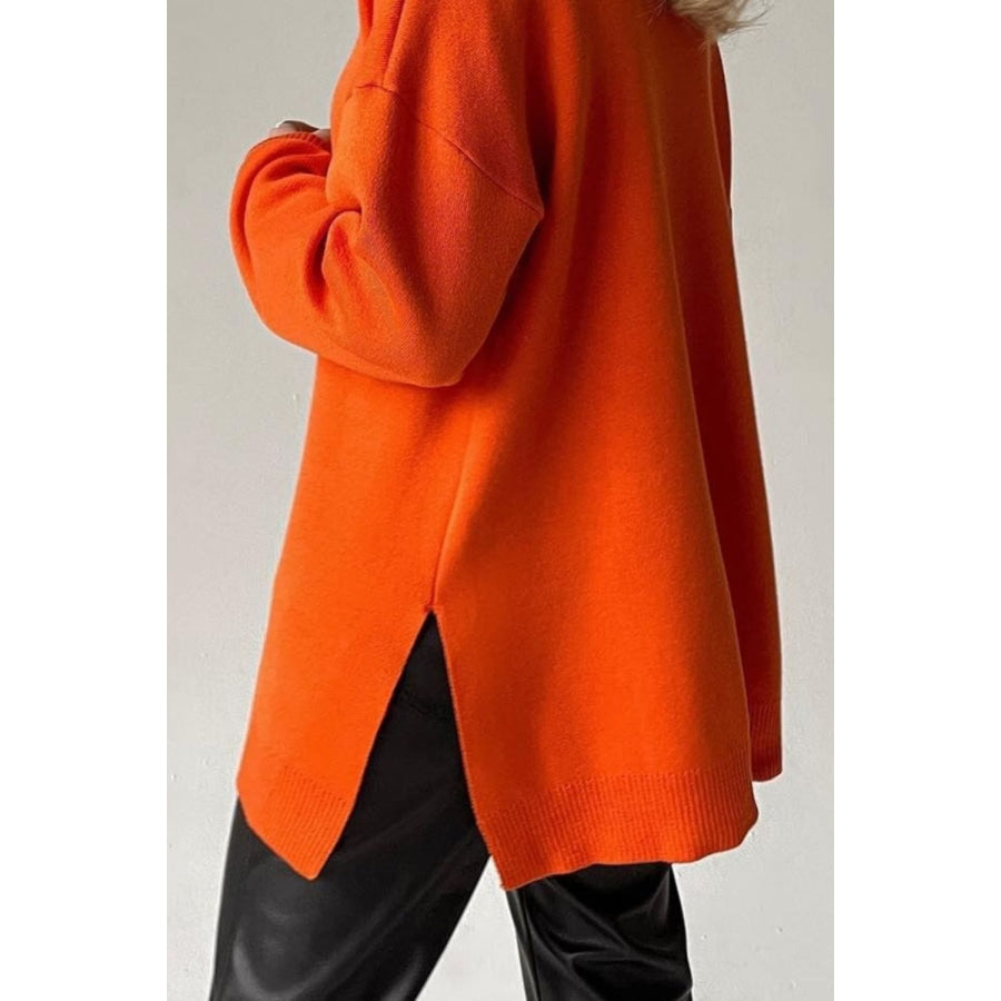 Basic Bae Side Slit Turtleneck Dropped Shoulder Sweater Apparel and Accessories