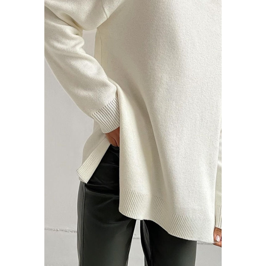 Basic Bae Side Slit Turtleneck Dropped Shoulder Sweater Apparel and Accessories