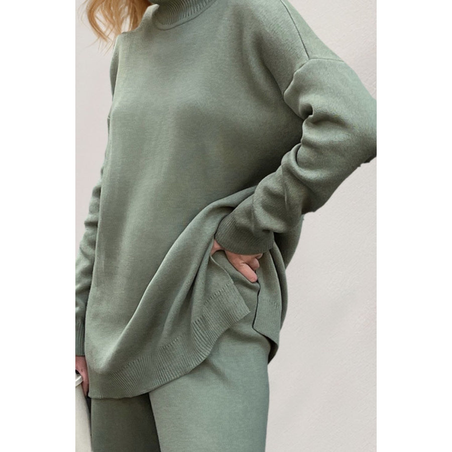 Basic Bae Side Slit Turtleneck Dropped Shoulder Sweater Apparel and Accessories