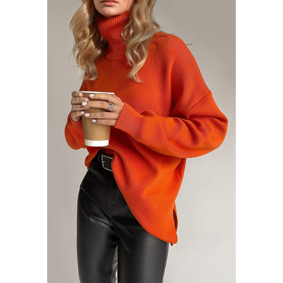 Basic Bae Side Slit Turtleneck Dropped Shoulder Sweater Apparel and Accessories