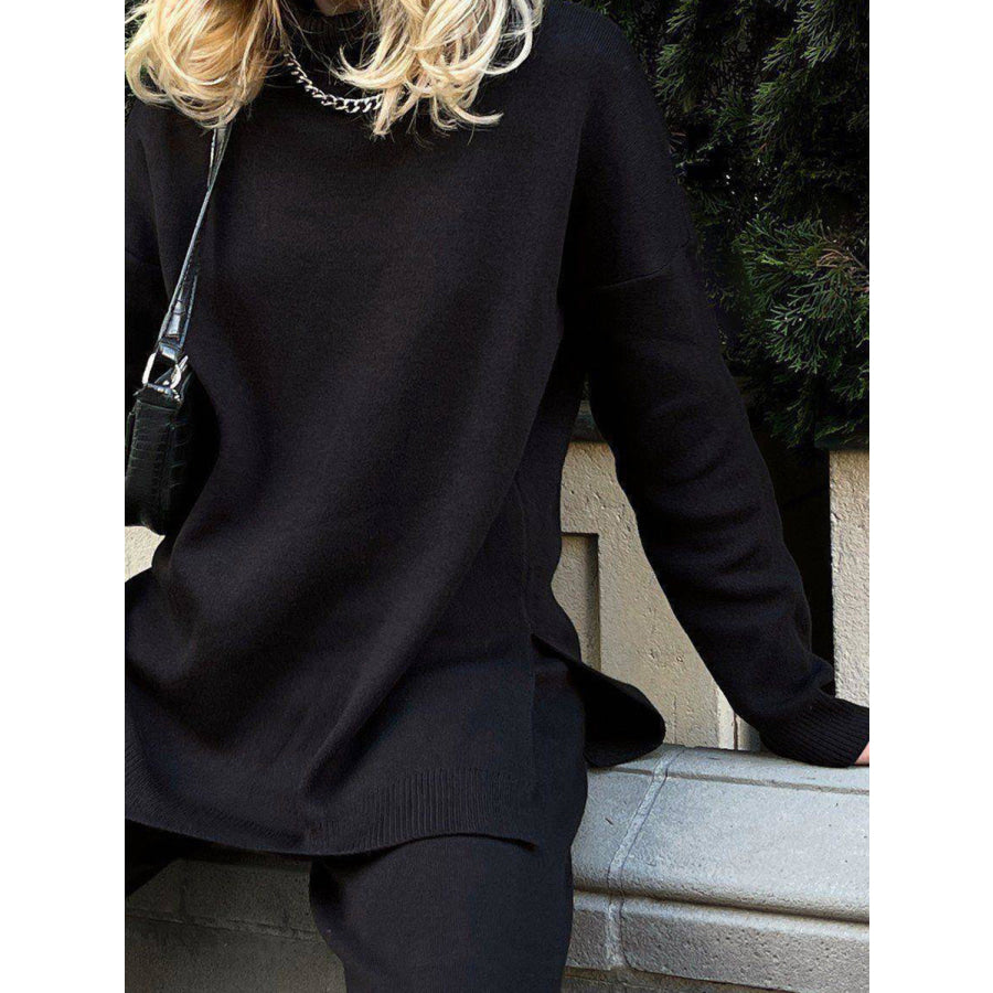 Basic Bae Side Slit Turtleneck Dropped Shoulder Sweater Apparel and Accessories