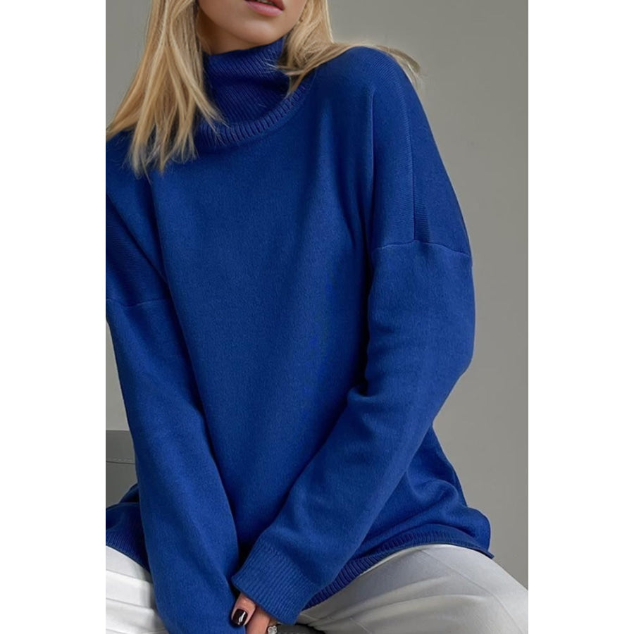 Basic Bae Side Slit Turtleneck Dropped Shoulder Sweater Apparel and Accessories