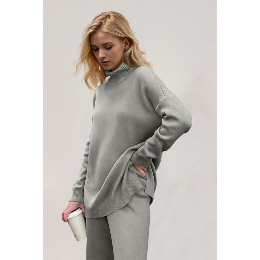 Basic Bae Side Slit Turtleneck Dropped Shoulder Sweater Gray / One Size Apparel and Accessories