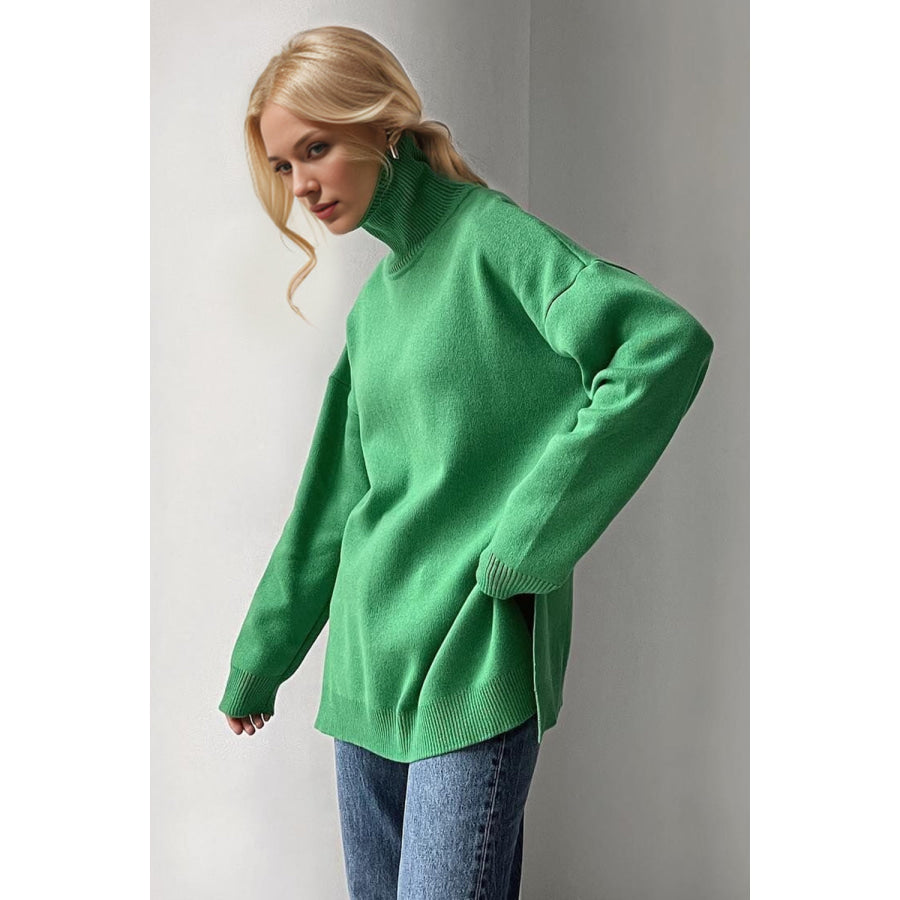 Basic Bae Side Slit Turtleneck Dropped Shoulder Sweater Green / One Size Apparel and Accessories