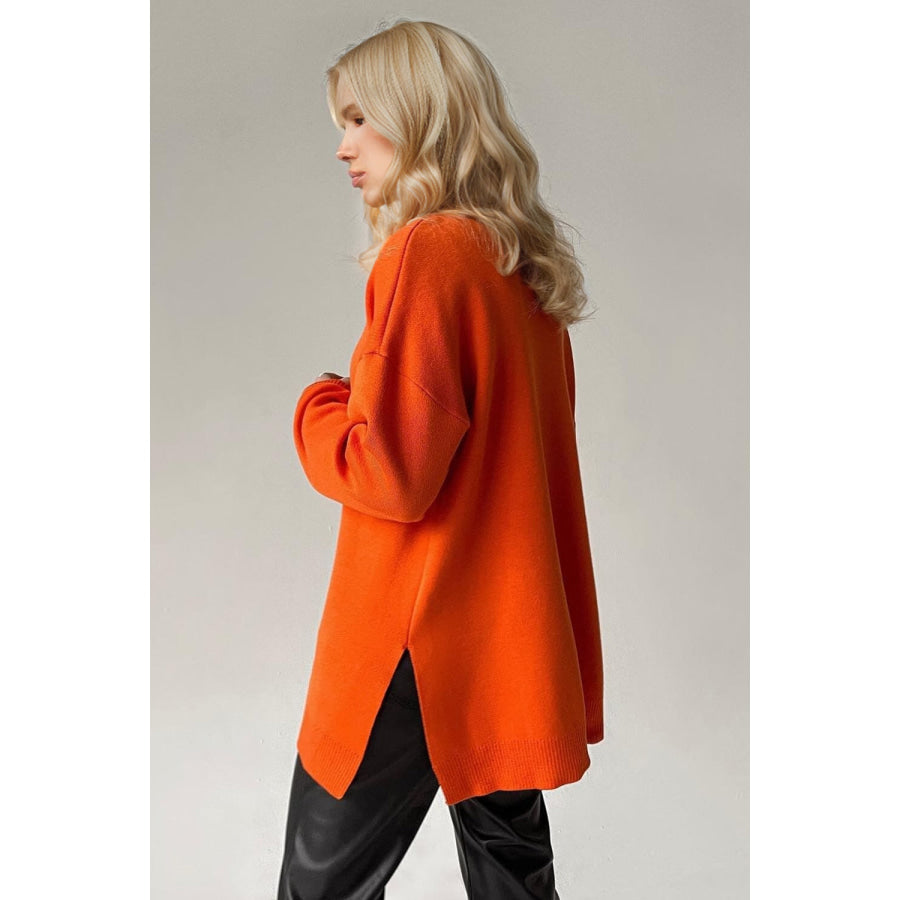 Basic Bae Side Slit Turtleneck Dropped Shoulder Sweater Orange / One Size Apparel and Accessories