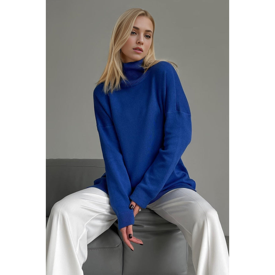 Basic Bae Side Slit Turtleneck Dropped Shoulder Sweater Royal Blue / One Size Apparel and Accessories