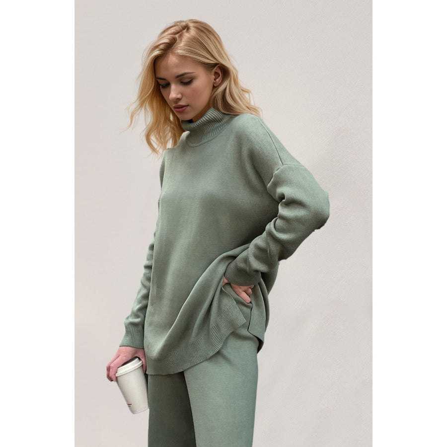 Basic Bae Side Slit Turtleneck Dropped Shoulder Sweater Sage / One Size Apparel and Accessories