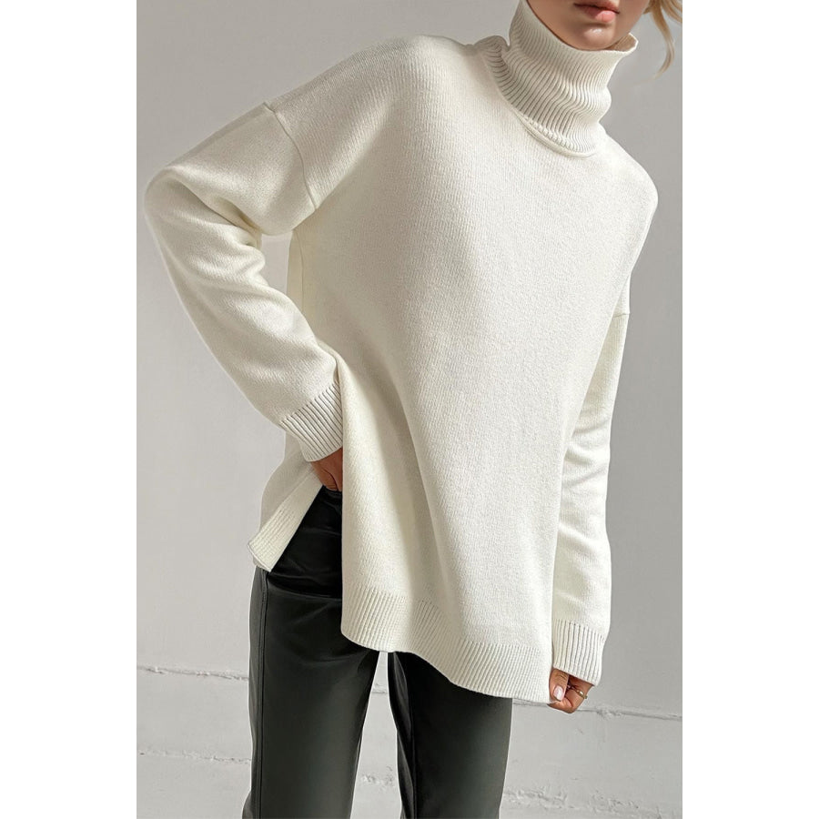 Basic Bae Side Slit Turtleneck Dropped Shoulder Sweater White / One Size Apparel and Accessories