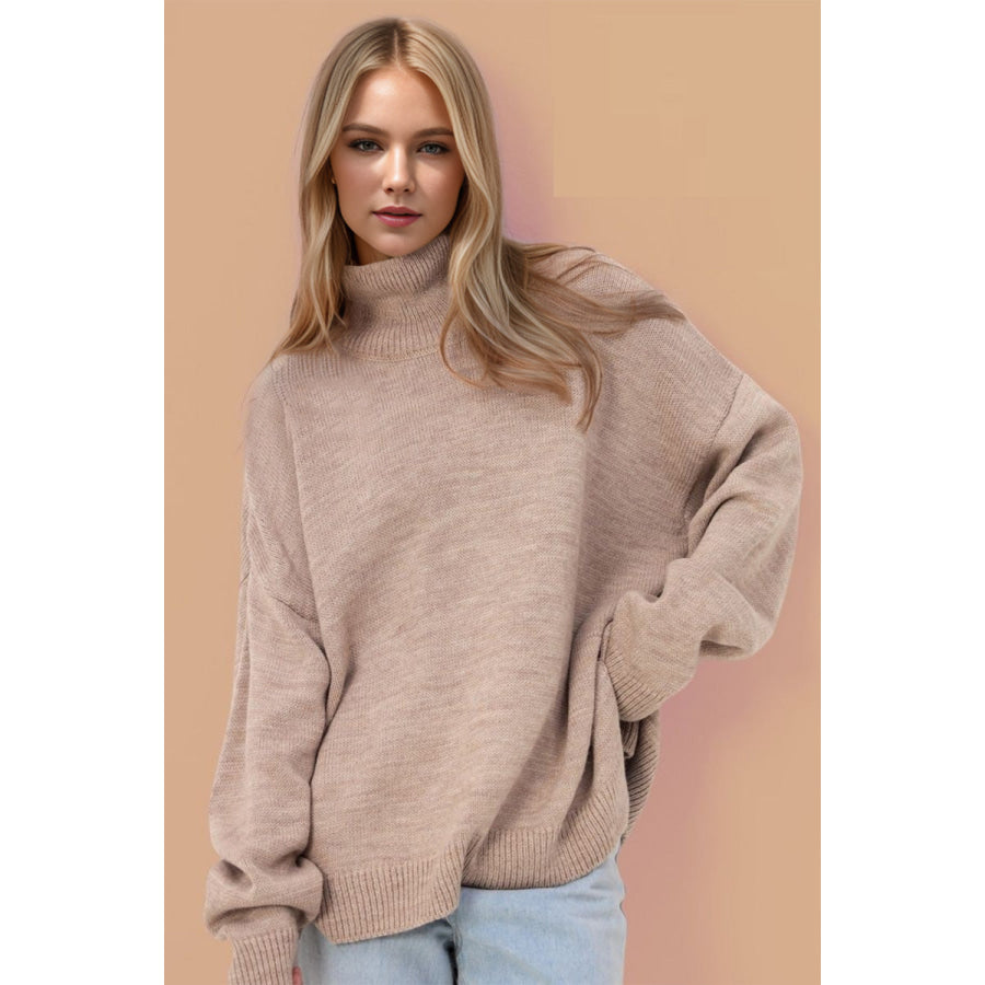 Basic Bae Side Slit Turtleneck Long Sleeve Sweater Apparel and Accessories