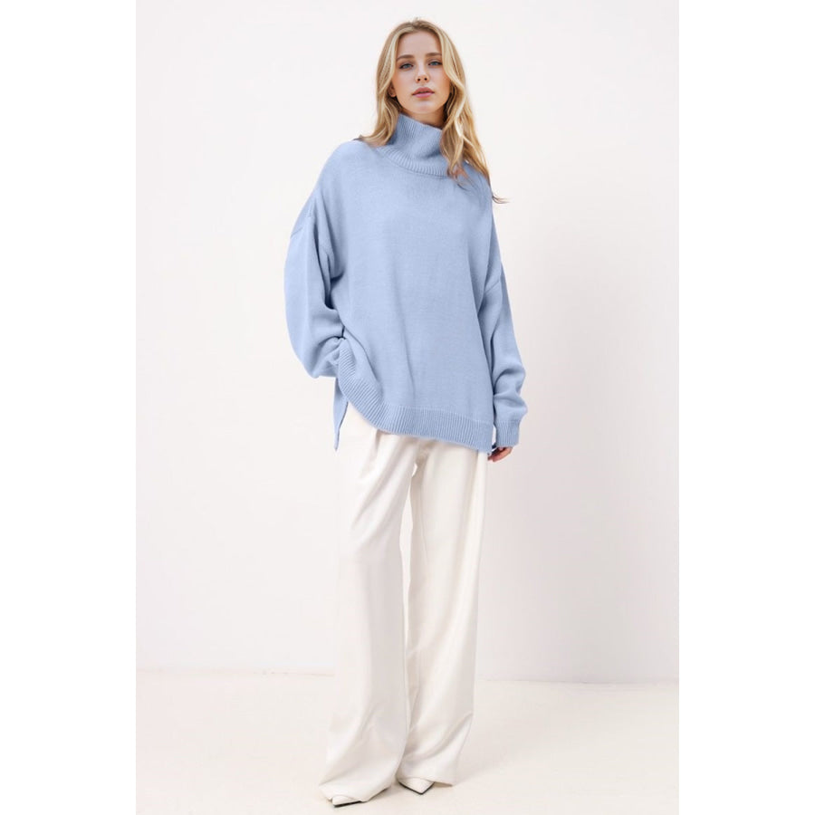 Basic Bae Side Slit Turtleneck Long Sleeve Sweater Apparel and Accessories