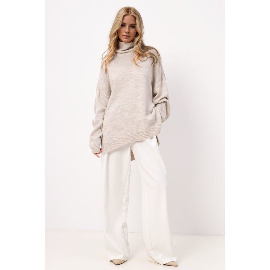 Basic Bae Side Slit Turtleneck Long Sleeve Sweater Apparel and Accessories