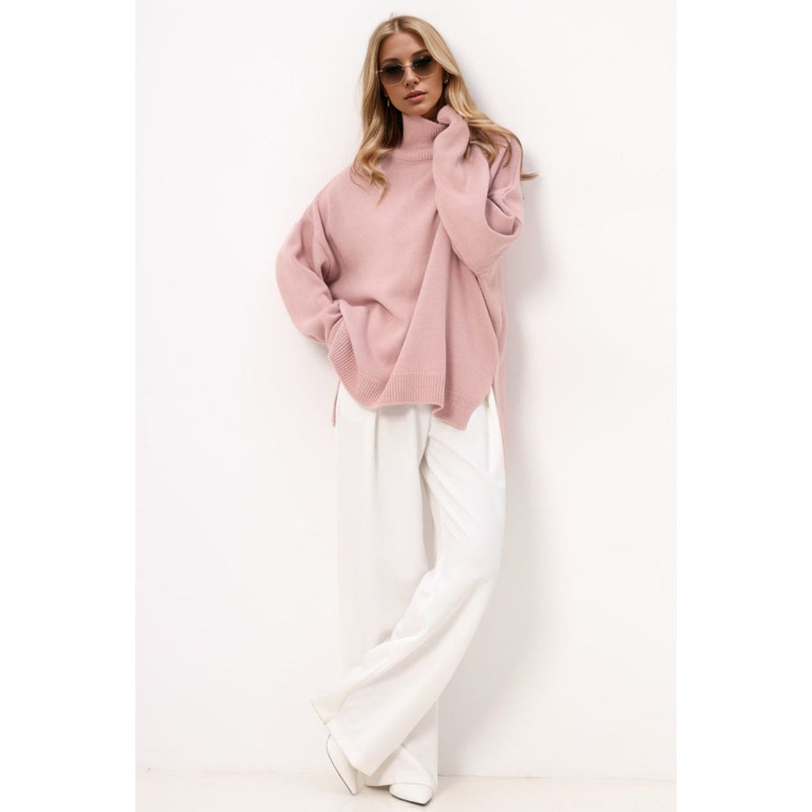 Basic Bae Side Slit Turtleneck Long Sleeve Sweater Apparel and Accessories