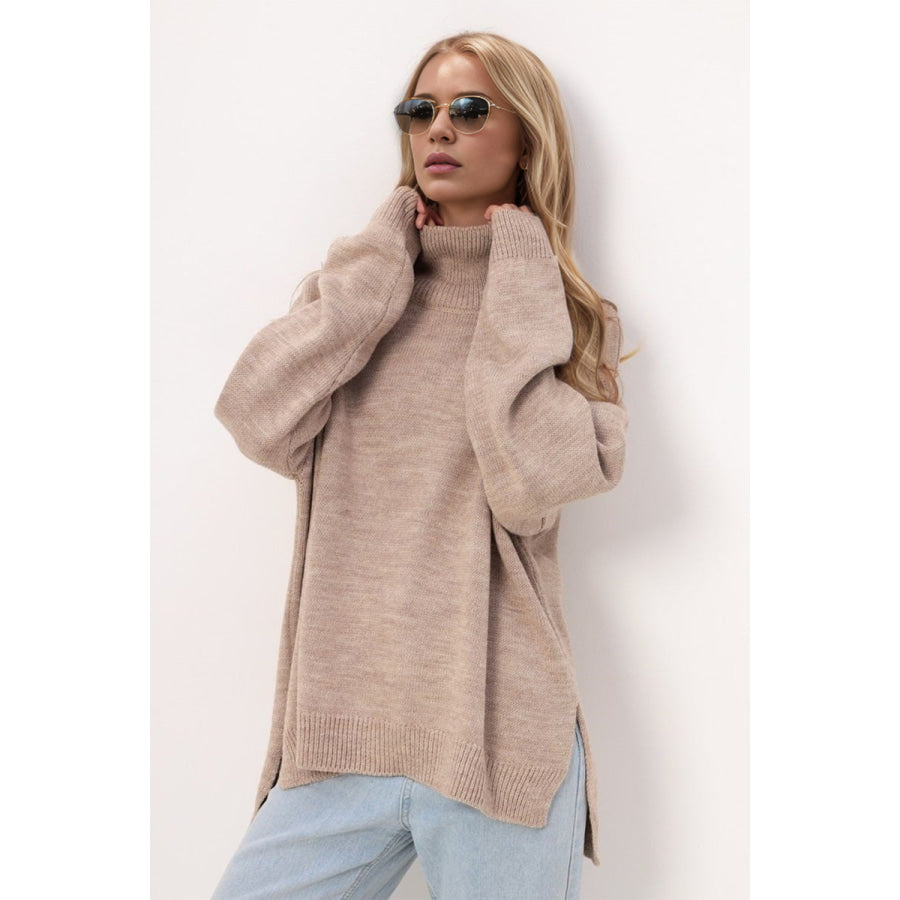 Basic Bae Side Slit Turtleneck Long Sleeve Sweater Apparel and Accessories