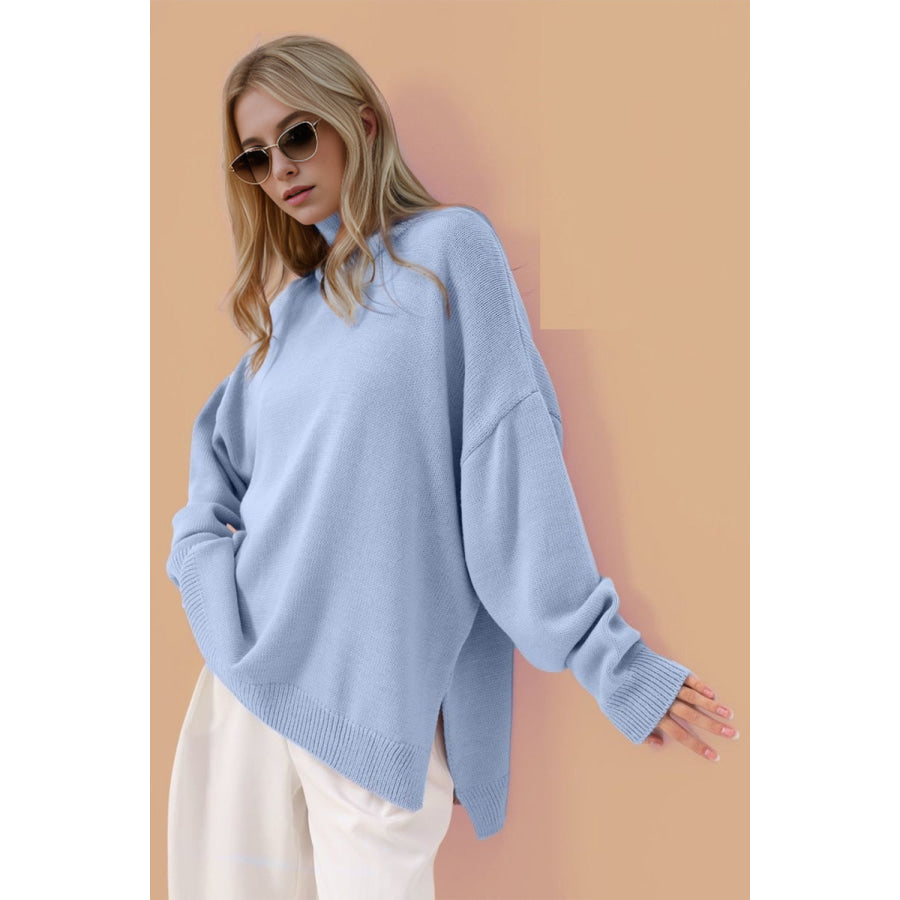 Basic Bae Side Slit Turtleneck Long Sleeve Sweater Apparel and Accessories