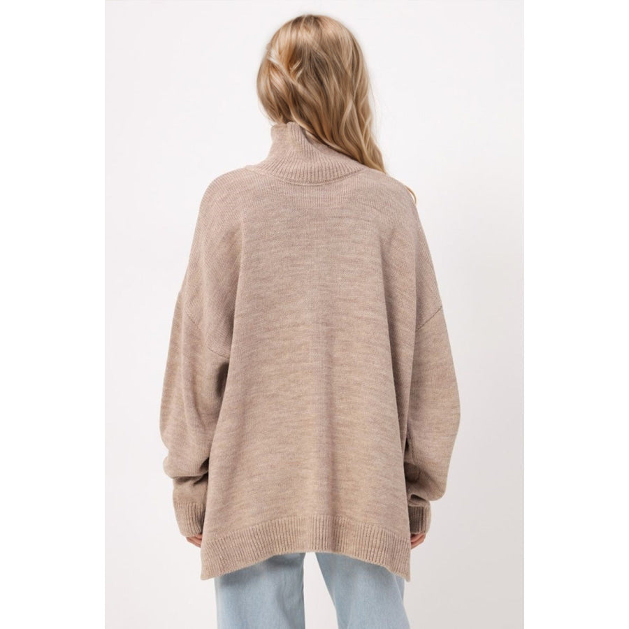 Basic Bae Side Slit Turtleneck Long Sleeve Sweater Apparel and Accessories