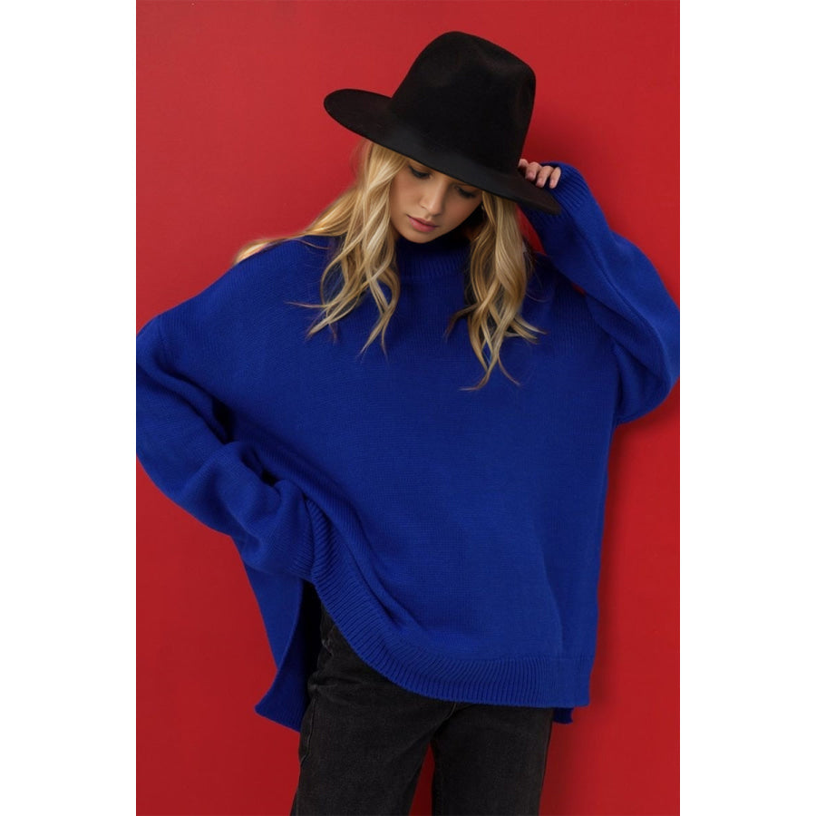 Basic Bae Side Slit Turtleneck Long Sleeve Sweater Apparel and Accessories