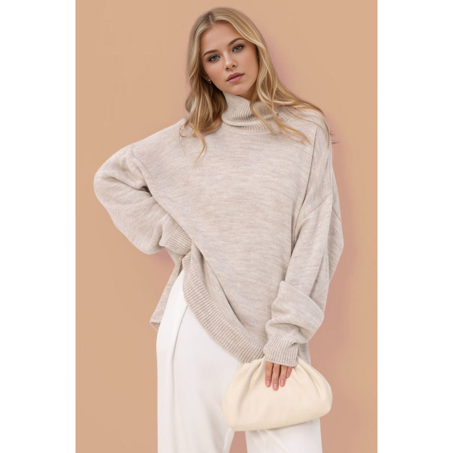 Basic Bae Side Slit Turtleneck Long Sleeve Sweater Dust Storm / One Size Apparel and Accessories