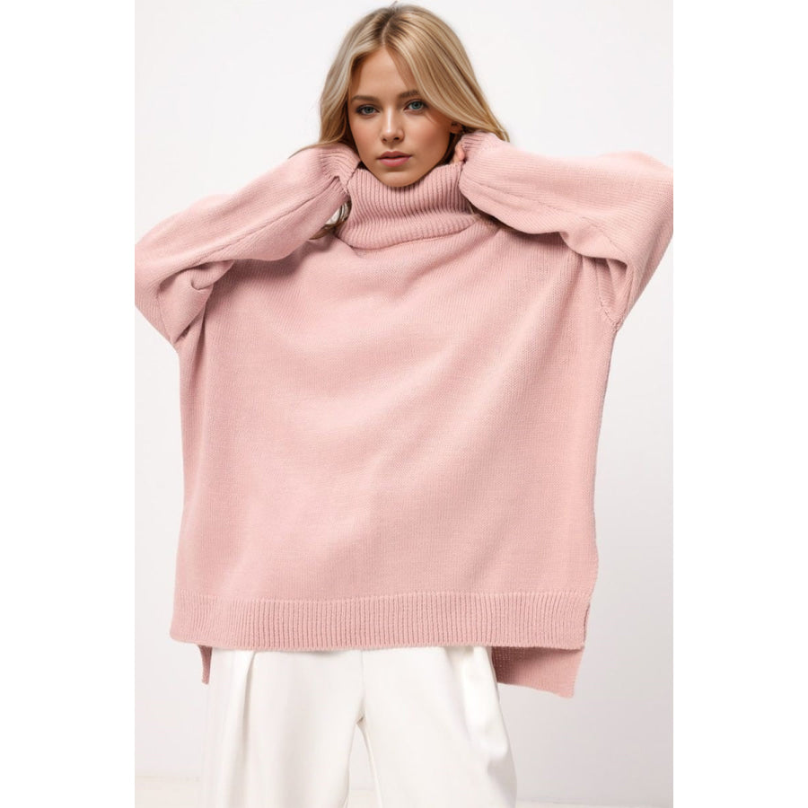 Basic Bae Side Slit Turtleneck Long Sleeve Sweater Dusty Pink / One Size Apparel and Accessories