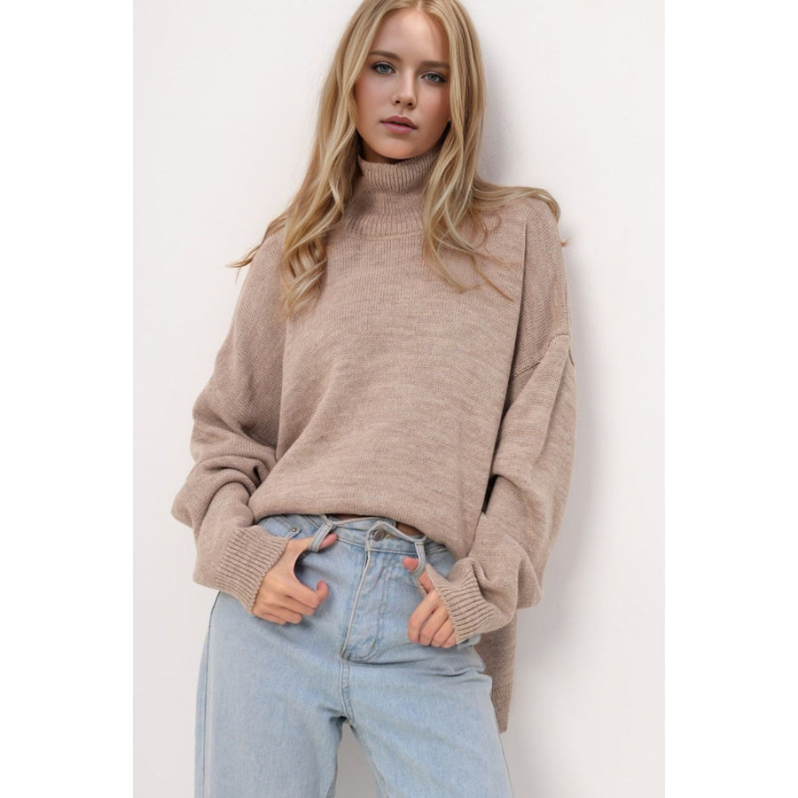 Basic Bae Side Slit Turtleneck Long Sleeve Sweater Khaki / One Size Apparel and Accessories