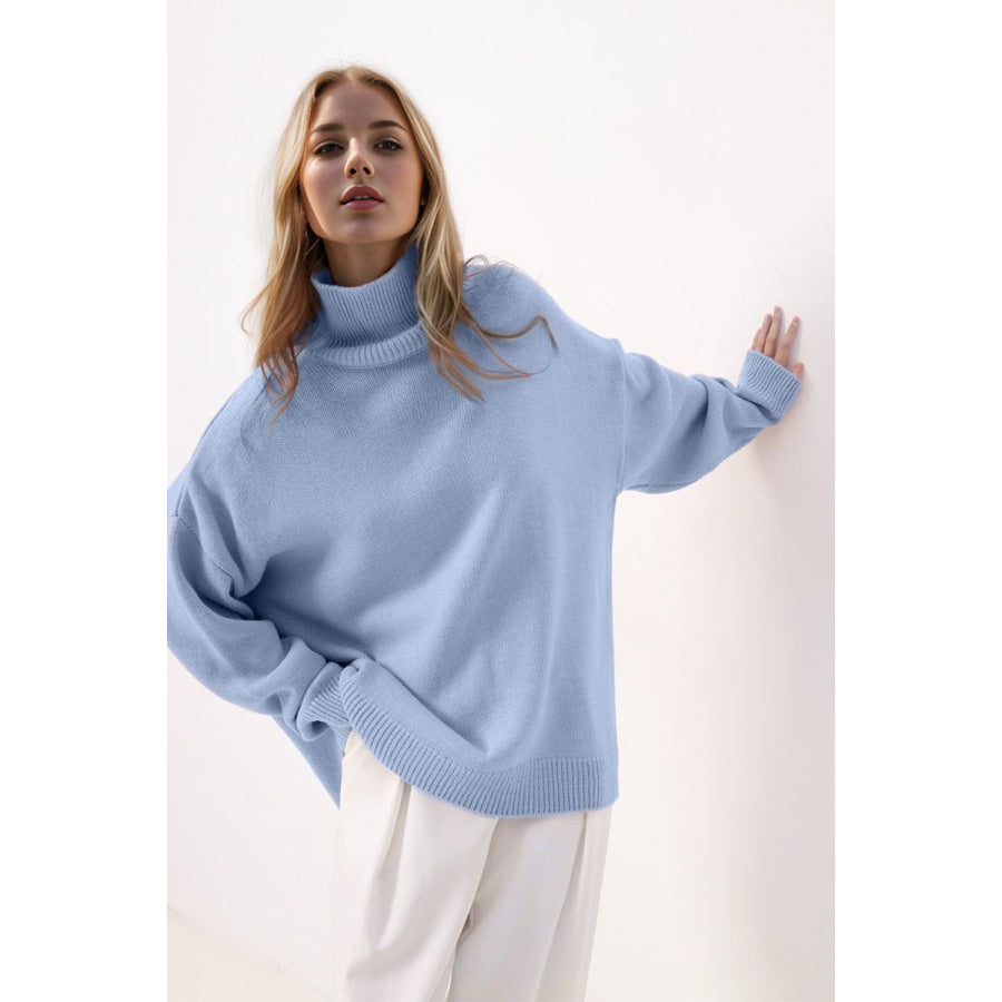 Basic Bae Side Slit Turtleneck Long Sleeve Sweater Light Blue / One Size Apparel and Accessories