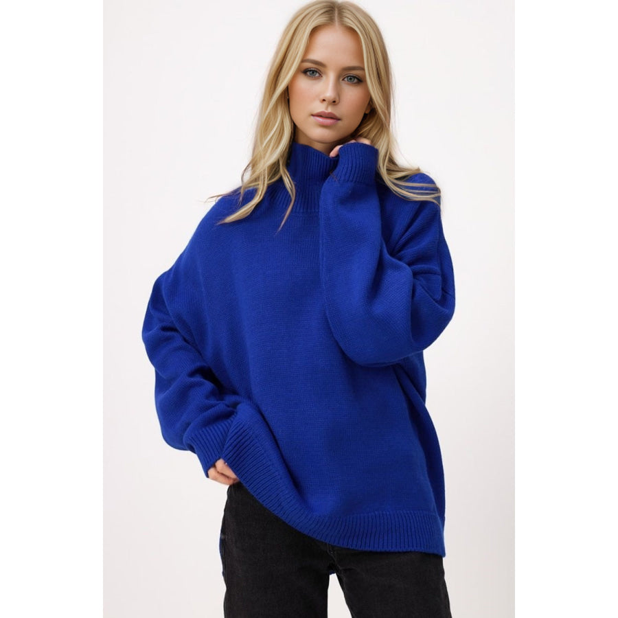 Basic Bae Side Slit Turtleneck Long Sleeve Sweater Royal Blue / One Size Apparel and Accessories