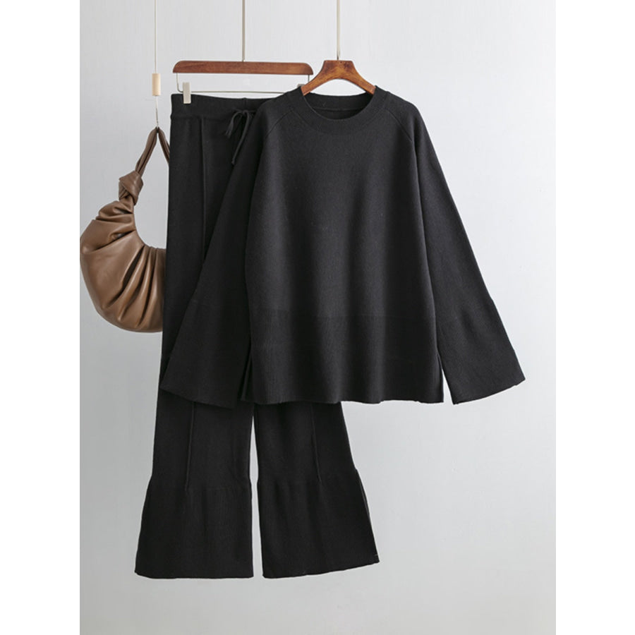 Basic Bae Slit Round Neck Long Sleeve Top and Drawstring Pants Sweater Set Apparel and Accessories