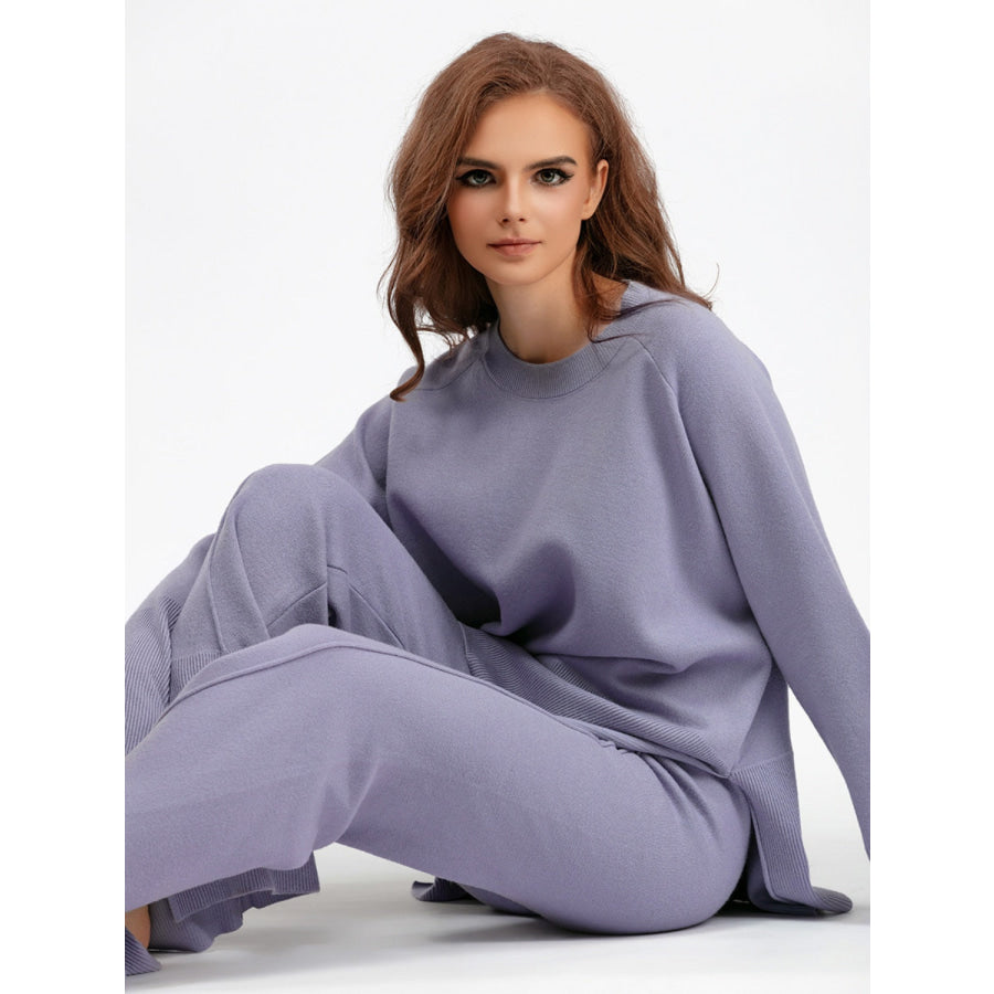 Basic Bae Slit Round Neck Long Sleeve Top and Drawstring Pants Sweater Set Apparel and Accessories