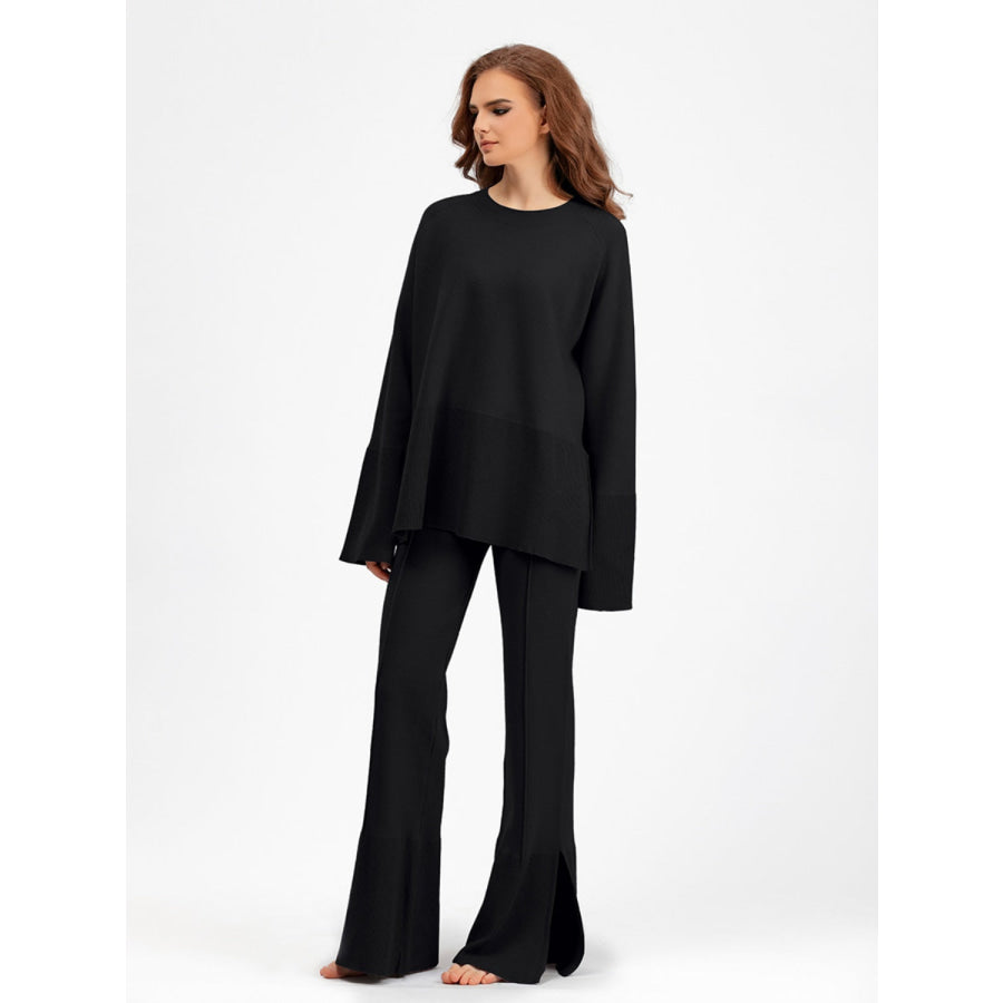 Basic Bae Slit Round Neck Long Sleeve Top and Drawstring Pants Sweater Set Apparel and Accessories