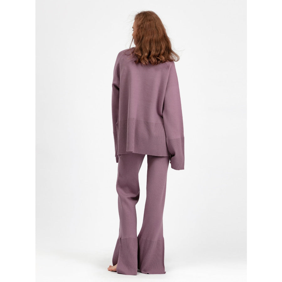 Basic Bae Slit Round Neck Long Sleeve Top and Drawstring Pants Sweater Set Mauve / One Size Apparel and Accessories