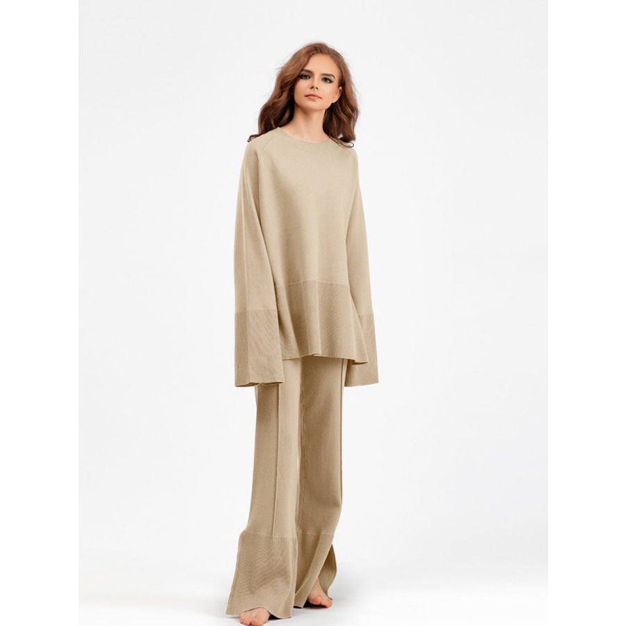 Basic Bae Slit Round Neck Long Sleeve Top and Drawstring Pants Sweater Set Apparel and Accessories