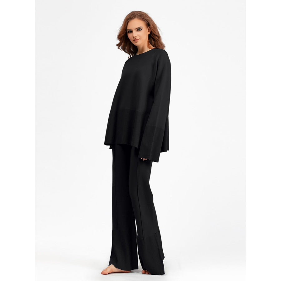 Basic Bae Slit Round Neck Long Sleeve Top and Drawstring Pants Sweater Set Black / One Size Apparel and Accessories