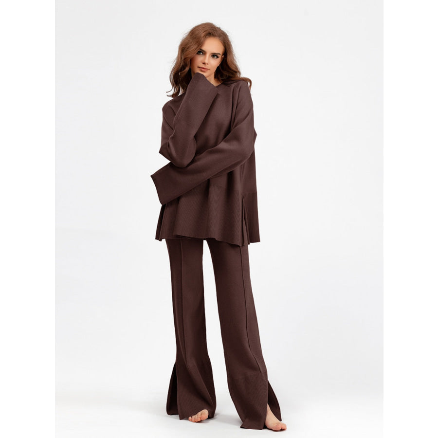 Basic Bae Slit Round Neck Long Sleeve Top and Drawstring Pants Sweater Set Brown / One Size Apparel and Accessories