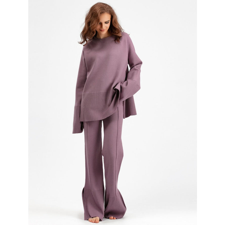 Basic Bae Slit Round Neck Long Sleeve Top and Drawstring Pants Sweater Set Mauve / One Size Apparel and Accessories