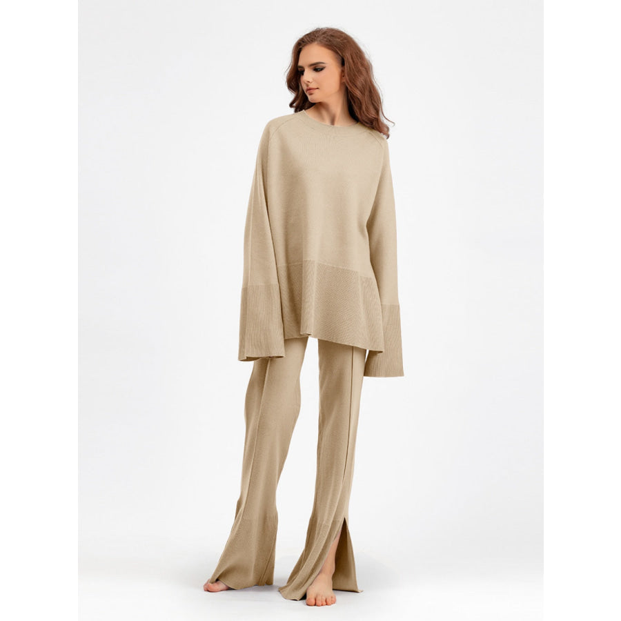 Basic Bae Slit Round Neck Long Sleeve Top and Drawstring Pants Sweater Set Tan / One Size Apparel and Accessories