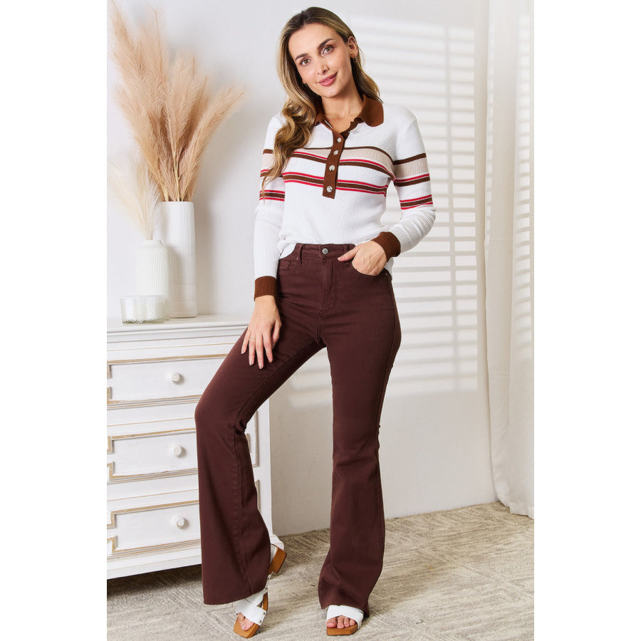 Basic Bae Striped Collared Neck Rib-Knit Top Apparel and Accessories