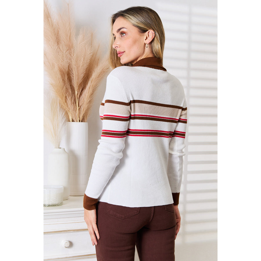 Basic Bae Striped Collared Neck Rib-Knit Top Apparel and Accessories