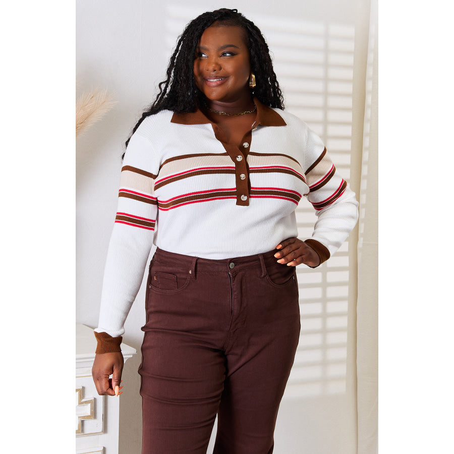 Basic Bae Striped Collared Neck Rib-Knit Top Beige / S Apparel and Accessories
