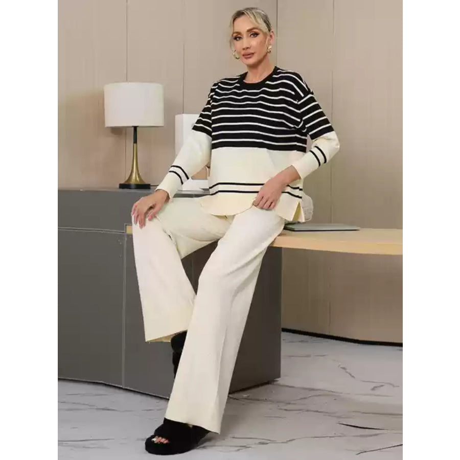 Basic Bae Striped Round Neck Long Sleeve Top and Pants Sweater Set Apparel and Accessories