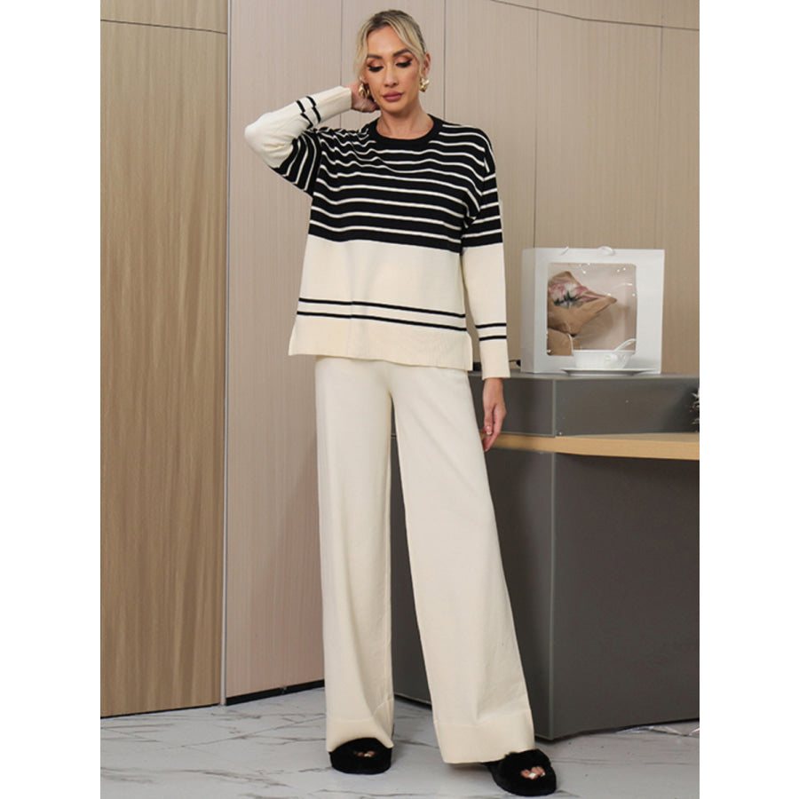 Basic Bae Striped Round Neck Long Sleeve Top and Pants Sweater Set Apparel and Accessories