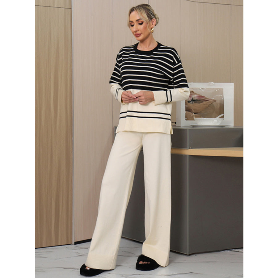 Basic Bae Striped Round Neck Long Sleeve Top and Pants Sweater Set Apparel and Accessories