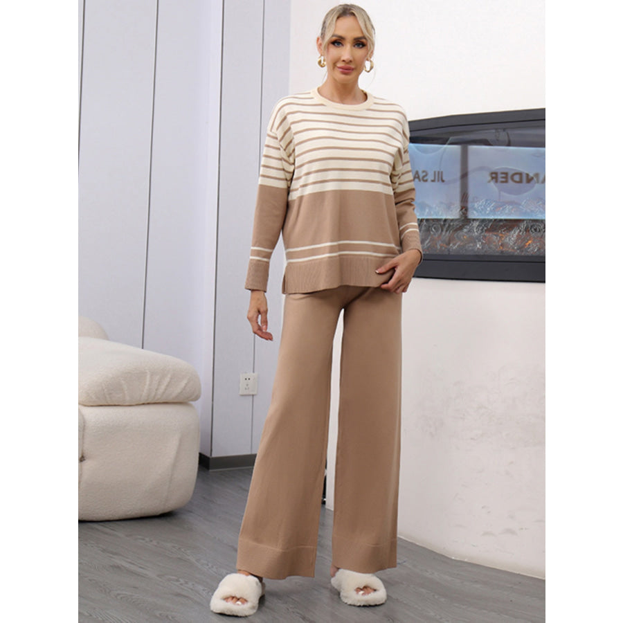 Basic Bae Striped Round Neck Long Sleeve Top and Pants Sweater Set Apparel and Accessories