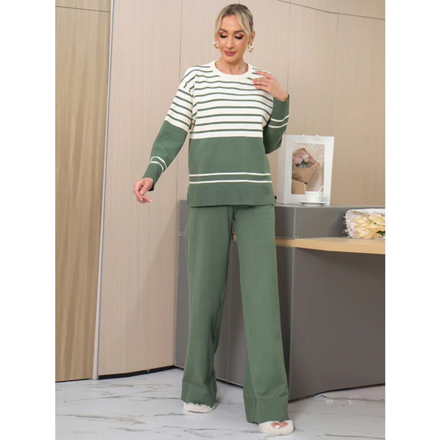 Basic Bae Striped Round Neck Long Sleeve Top and Pants Sweater Set Apparel and Accessories