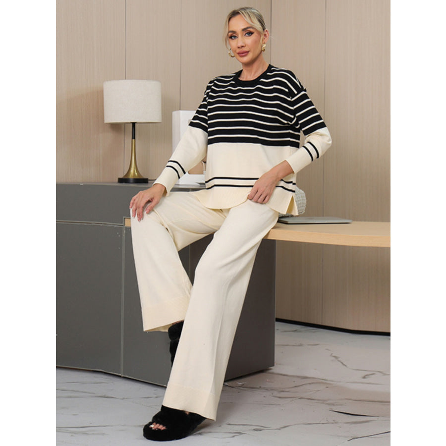 Basic Bae Striped Round Neck Long Sleeve Top and Pants Sweater Set Cream / One Size Apparel and Accessories