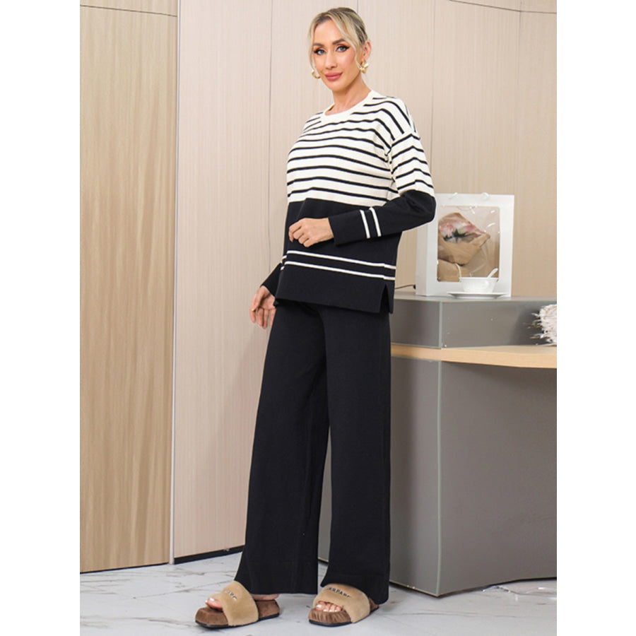 Basic Bae Striped Round Neck Long Sleeve Top and Pants Sweater Set Apparel and Accessories