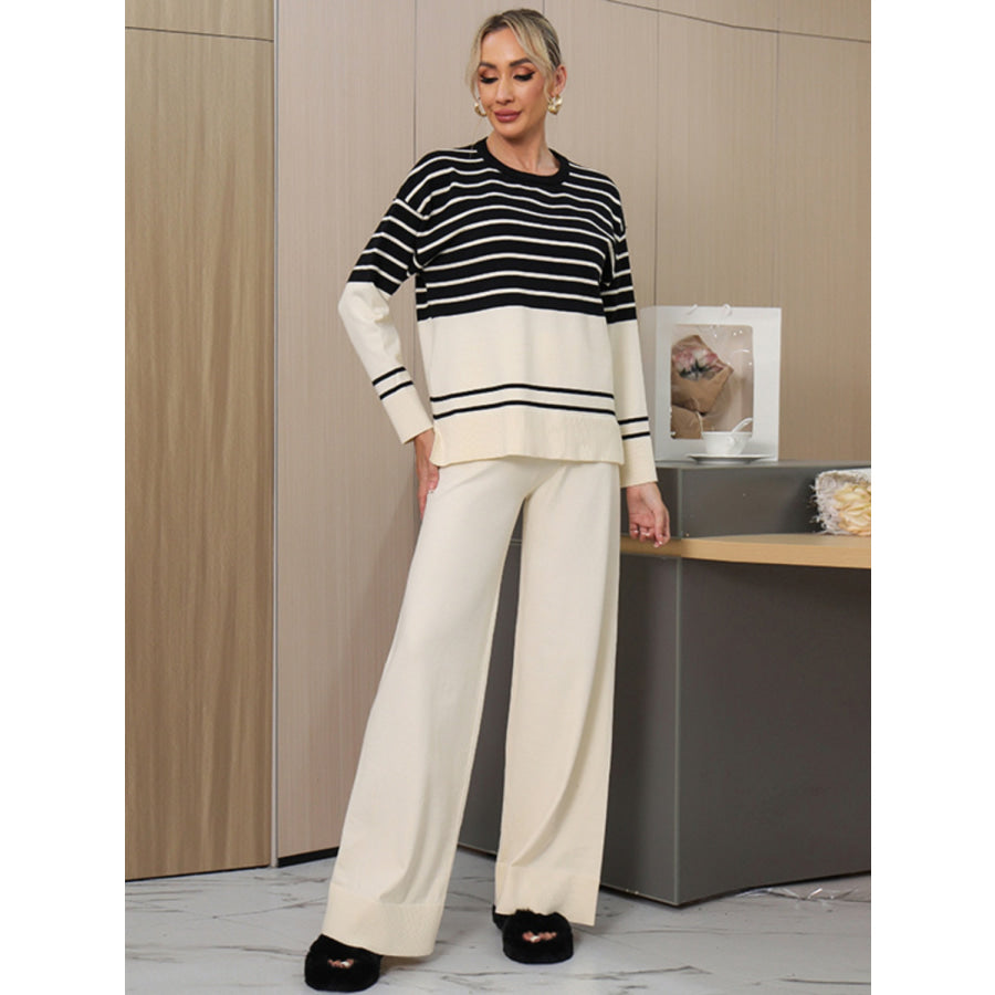 Basic Bae Striped Round Neck Long Sleeve Top and Pants Sweater Set Apparel and Accessories