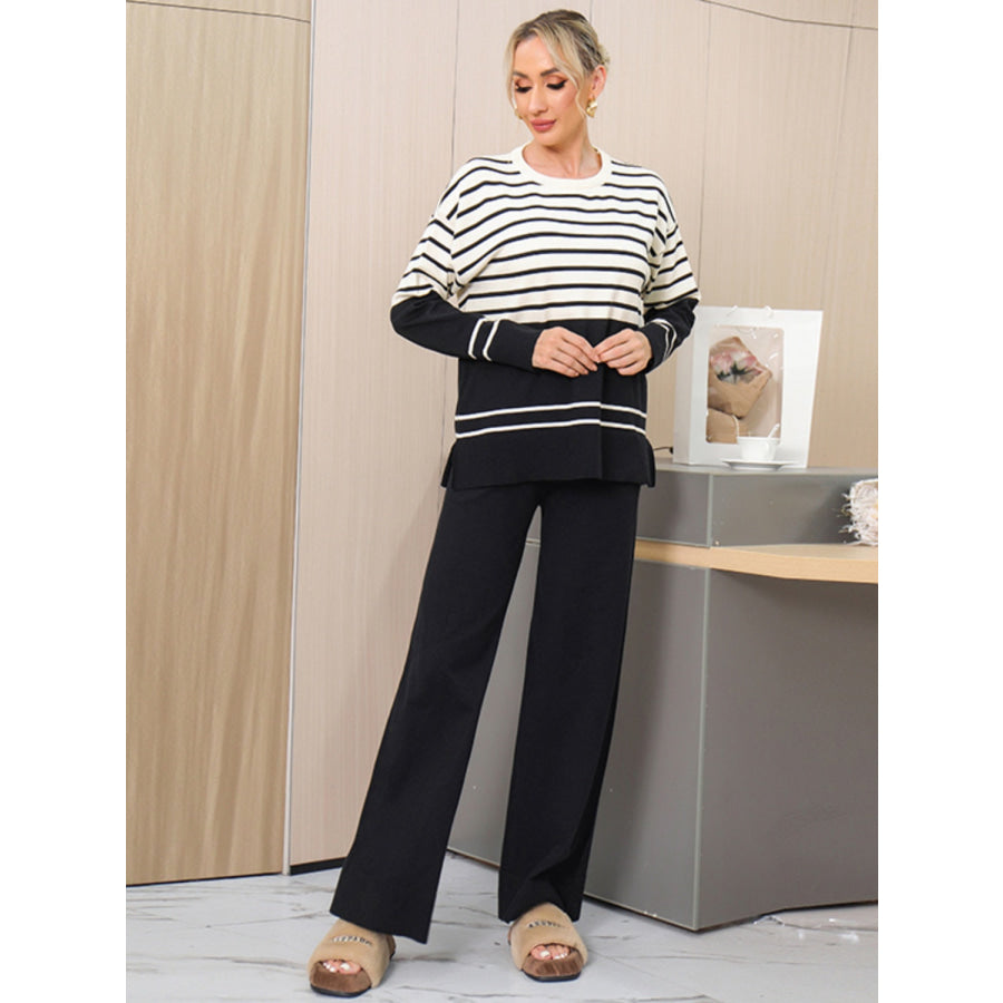 Basic Bae Striped Round Neck Long Sleeve Top and Pants Sweater Set Black / One Size Apparel and Accessories