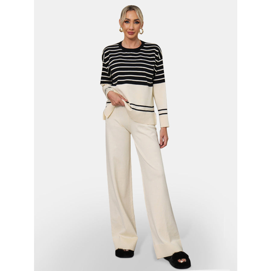 Basic Bae Striped Round Neck Long Sleeve Top and Pants Sweater Set Cream / One Size Apparel and Accessories